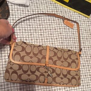 Coach Brown Signature Canvas Shoulder Clutch with Tan Trim